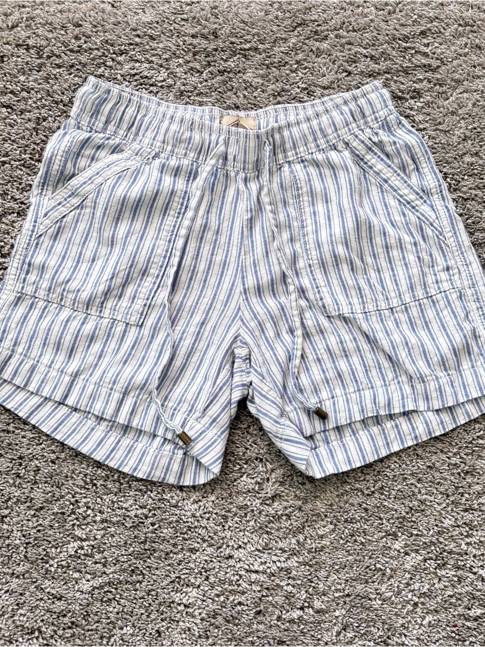 St. John's Bay Linen Striped Blue/White Drawstring Shorts Women’s Size XS